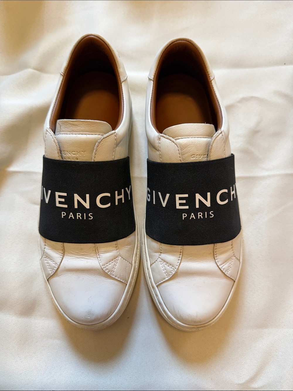 Givenchy Paris Women’s White Leather Slip-On Sneakers with Black Logo Band